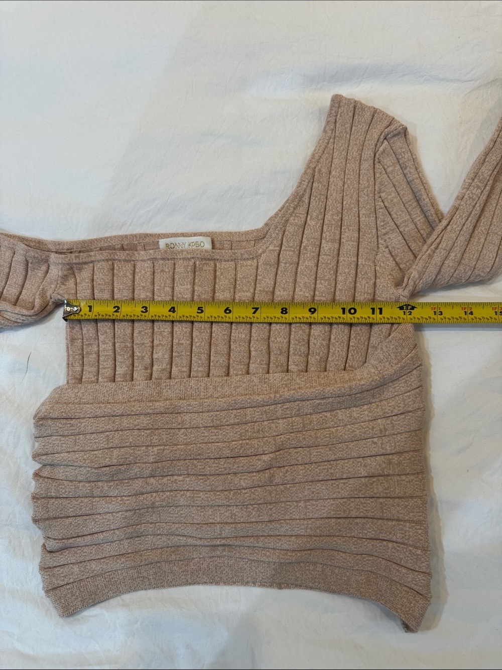 Ronny Kobo Rosette Oatmeal Asymmetrical Wrap Ribbed Knit Crop Top Neutral Date - Picture 12 of 13